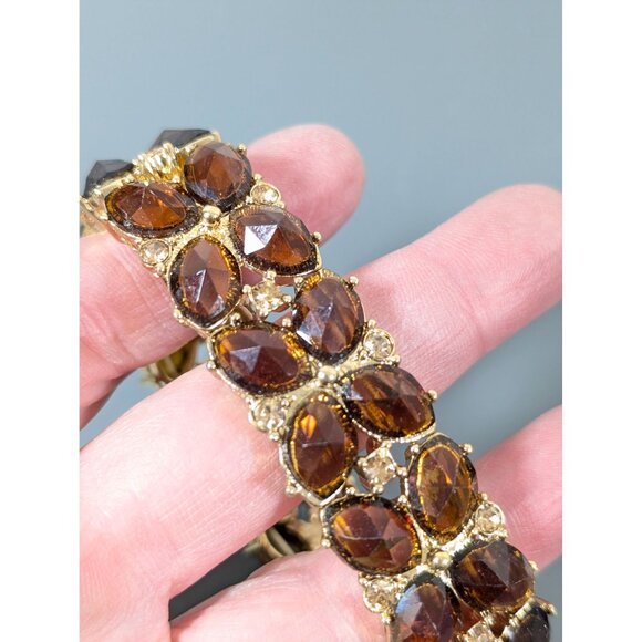 Monet Brown Rhinestone Tennis Bracelet 7" Stretch Gold Tone - Picture 5 of 8